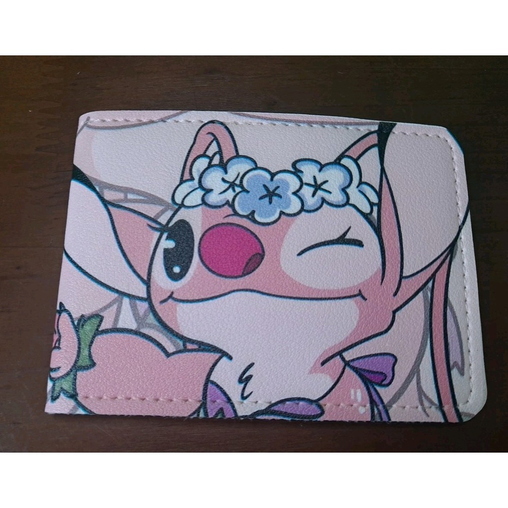 New Angel Lilo & Stitch Bi-Fold Card Or ID Holder‎ Pink Faux Leather